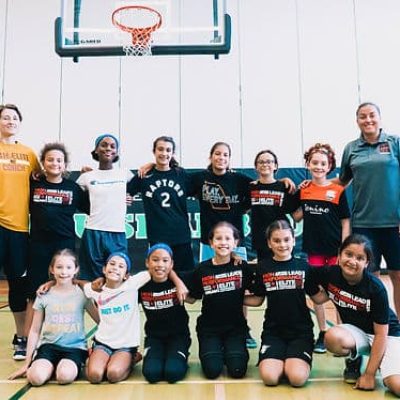 group picture with kids and coaches on basketball court