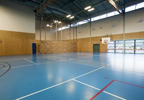 Spacious gymnasium with a basketball court floor markings, light and airy, glass doors